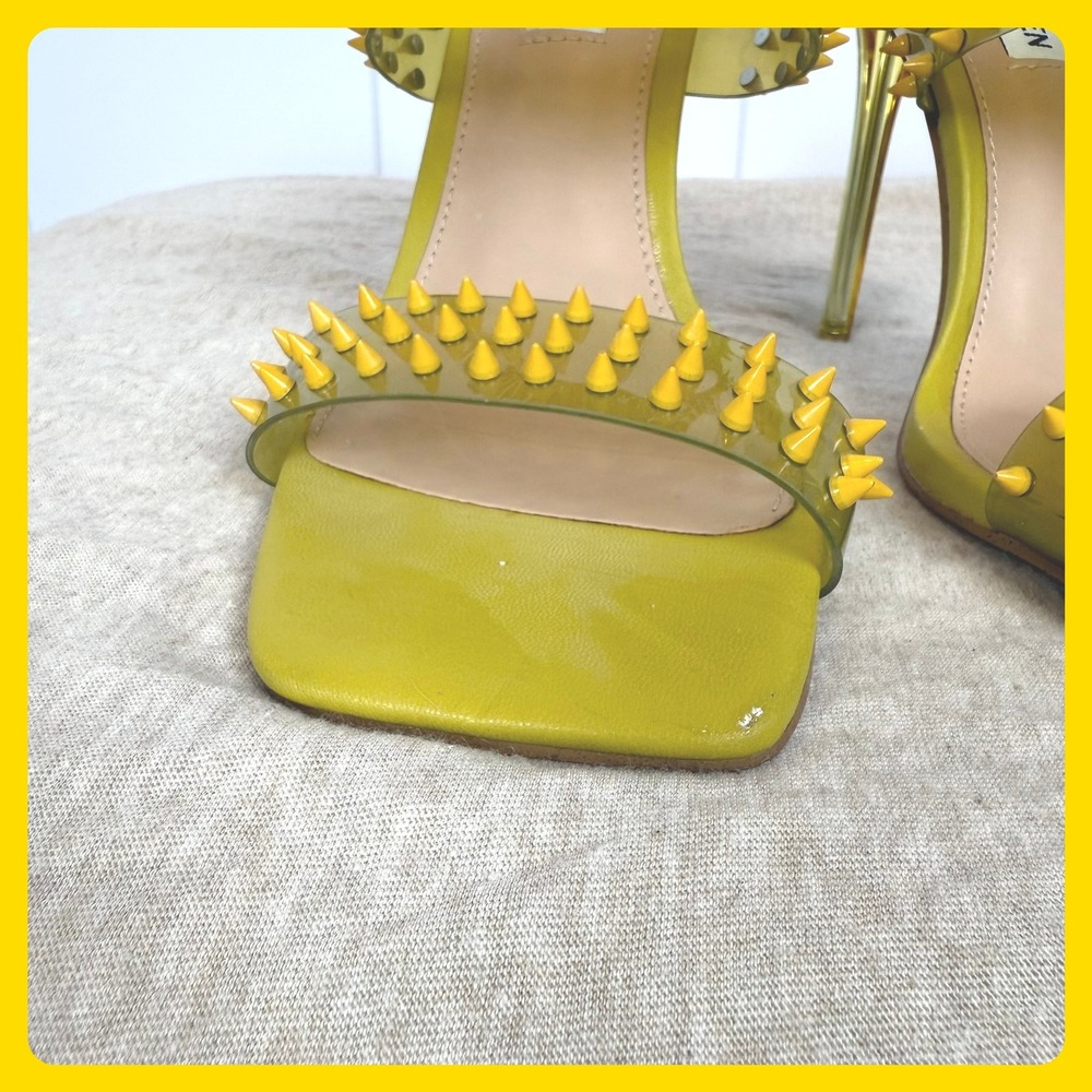 Steve Madden Lunna Yellow Green Spiked Studded Square Toe High Heel Mules 7M Y2k - Picture 2 of 7
